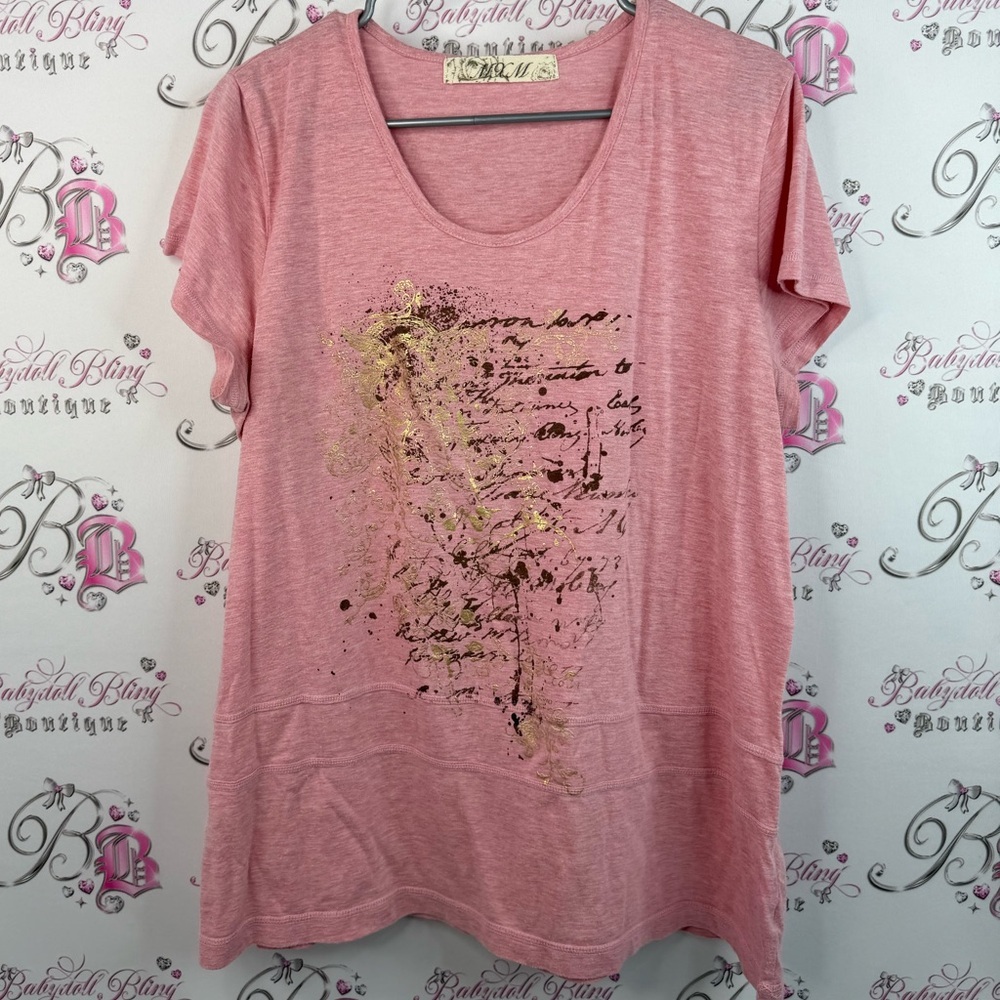 MXM T-shirt top light baby Pink and Gold Graphic Short Sleeve Tee black cursive